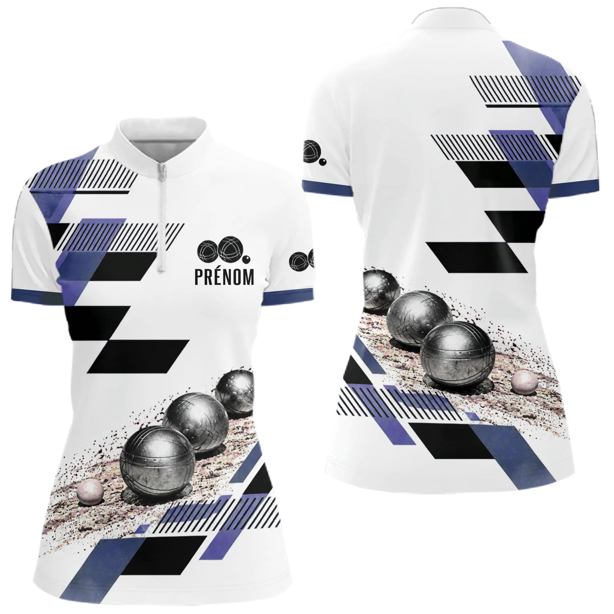 Polo Pétanque Personnalisé Bleu et Violet - Design Graphique - Polo Zippé Femme