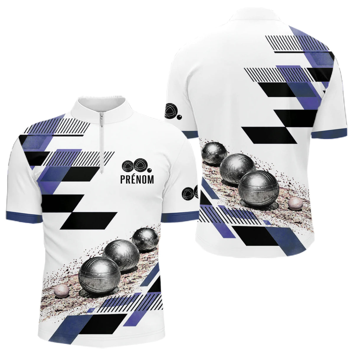 Polo Pétanque Personnalisé Bleu et Violet - Design Graphique - Polo Zippé Homme