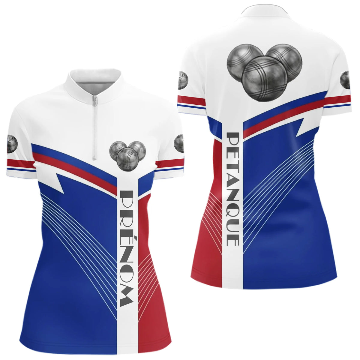 Polo Pétanque Personnalisé France - Boulodromes Bleu Blanc Rouge - Polo Zippé Femme