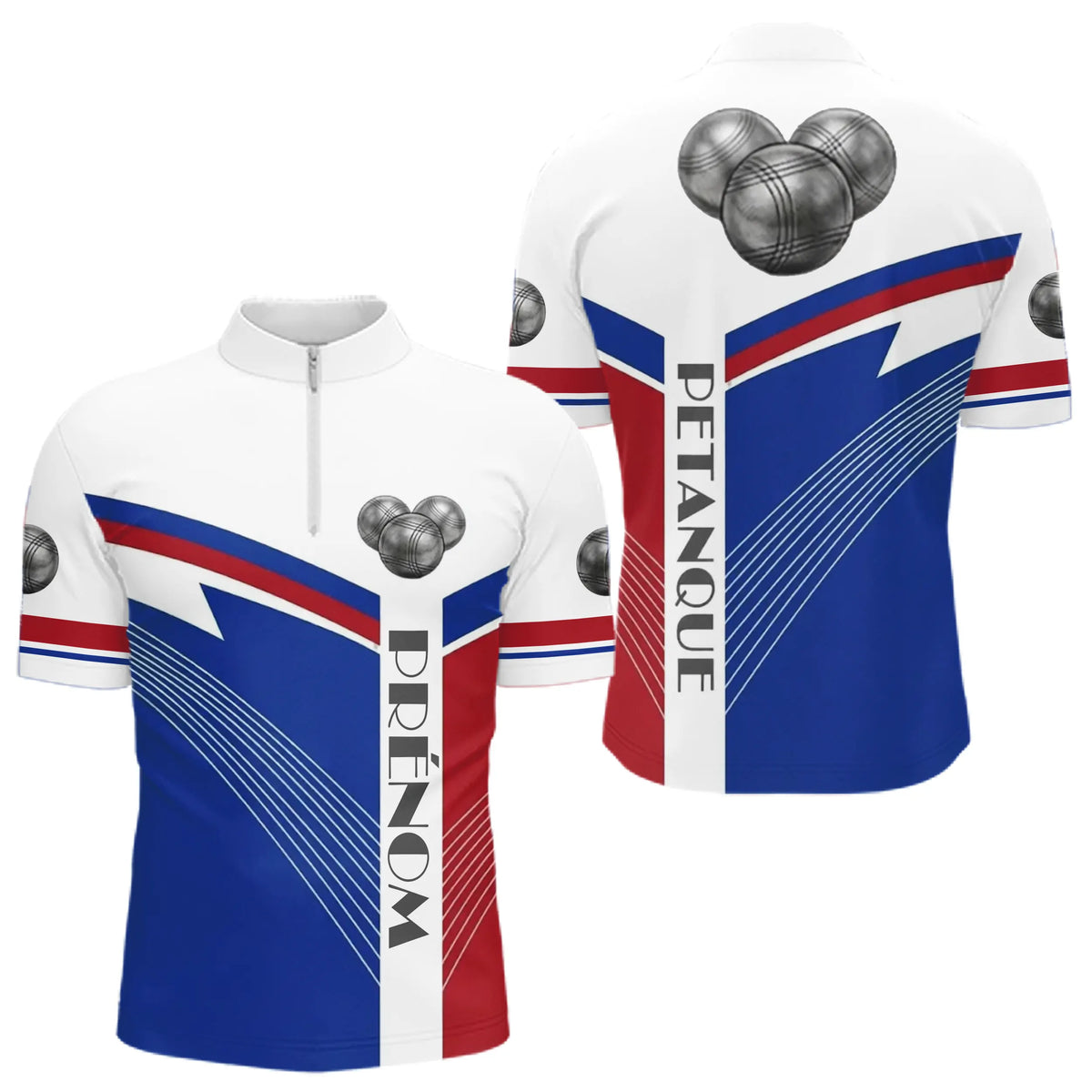 Polo Pétanque Personnalisé France - Boulodromes Bleu Blanc Rouge - Polo Zippé Homme
