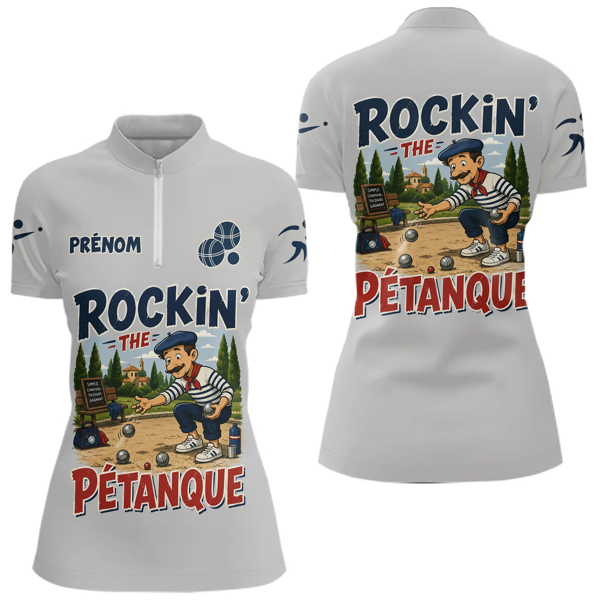 Polo Pétanque Personnalisé Gris - Style Rétro Français - Polo Zippé Femme