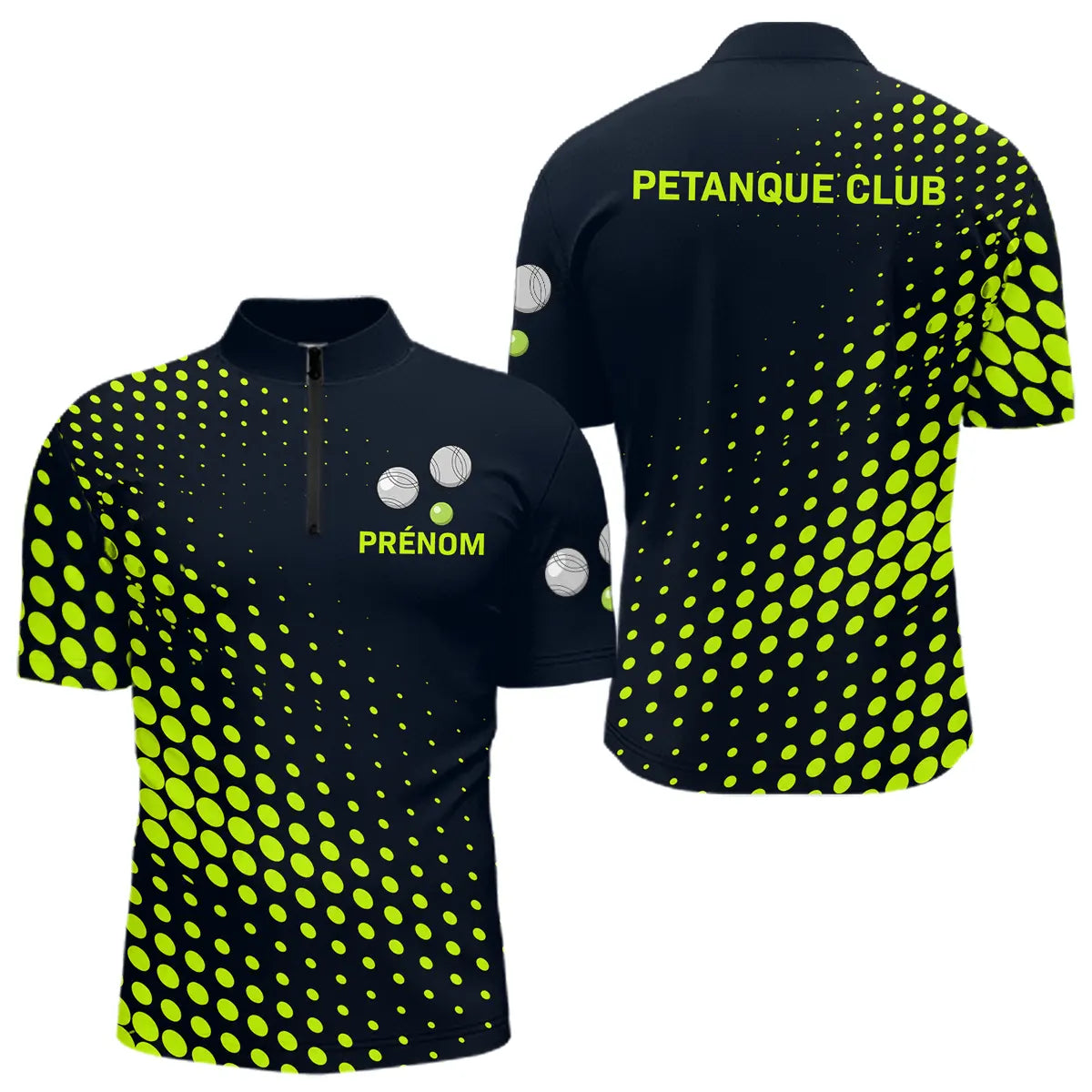 Polo Pétanque Personnalisé Homme - Noir & Vert Fluo Club - Polo Zippé Homme