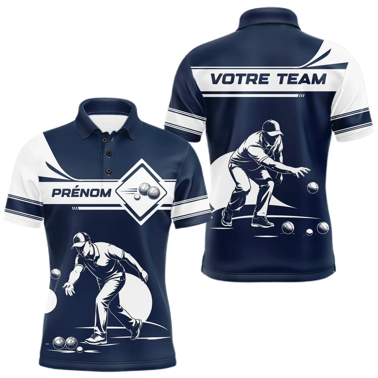 Polo Pétanque Personnalisé Prénom - Design Bleu & Blanc - Polo Homme