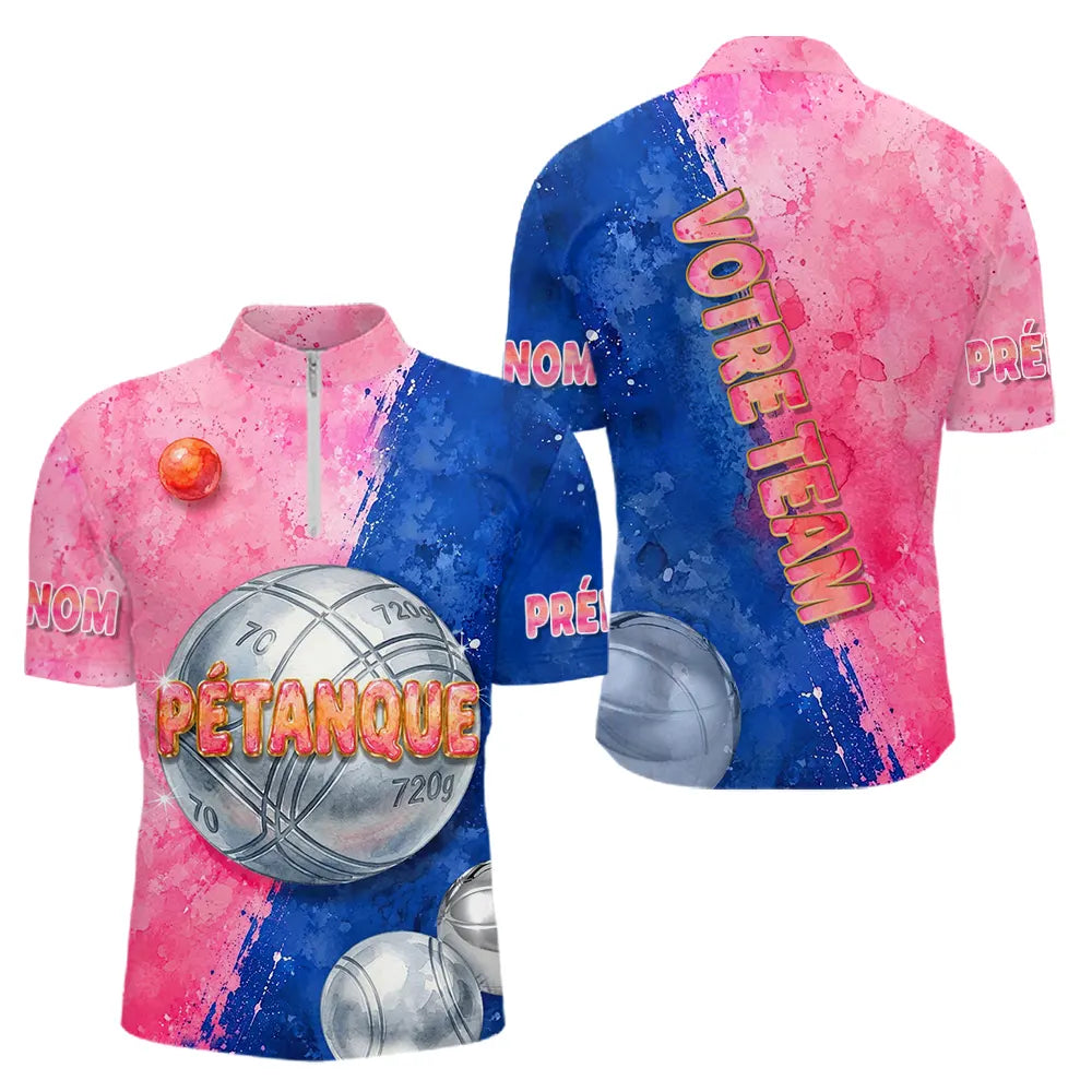 Polo Pétanque Personnalisé – Rose & Bleu Aquarelle - Polo Zippé Homme