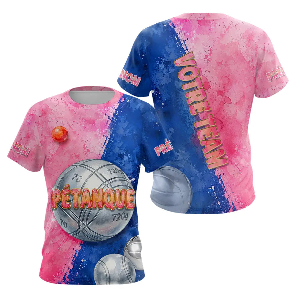 Polo Pétanque Personnalisé – Rose & Bleu Aquarelle - T-Shirt Femme