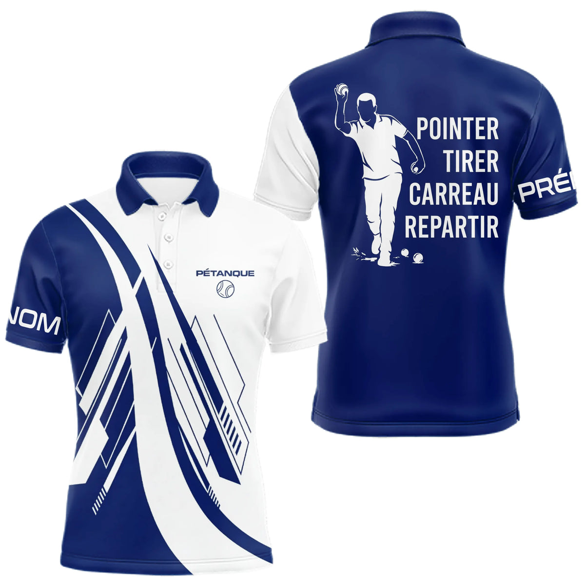 Polo Pétanque Pointer Tirer Carreau - Bleu Blanc & Inscription - Polo Homme