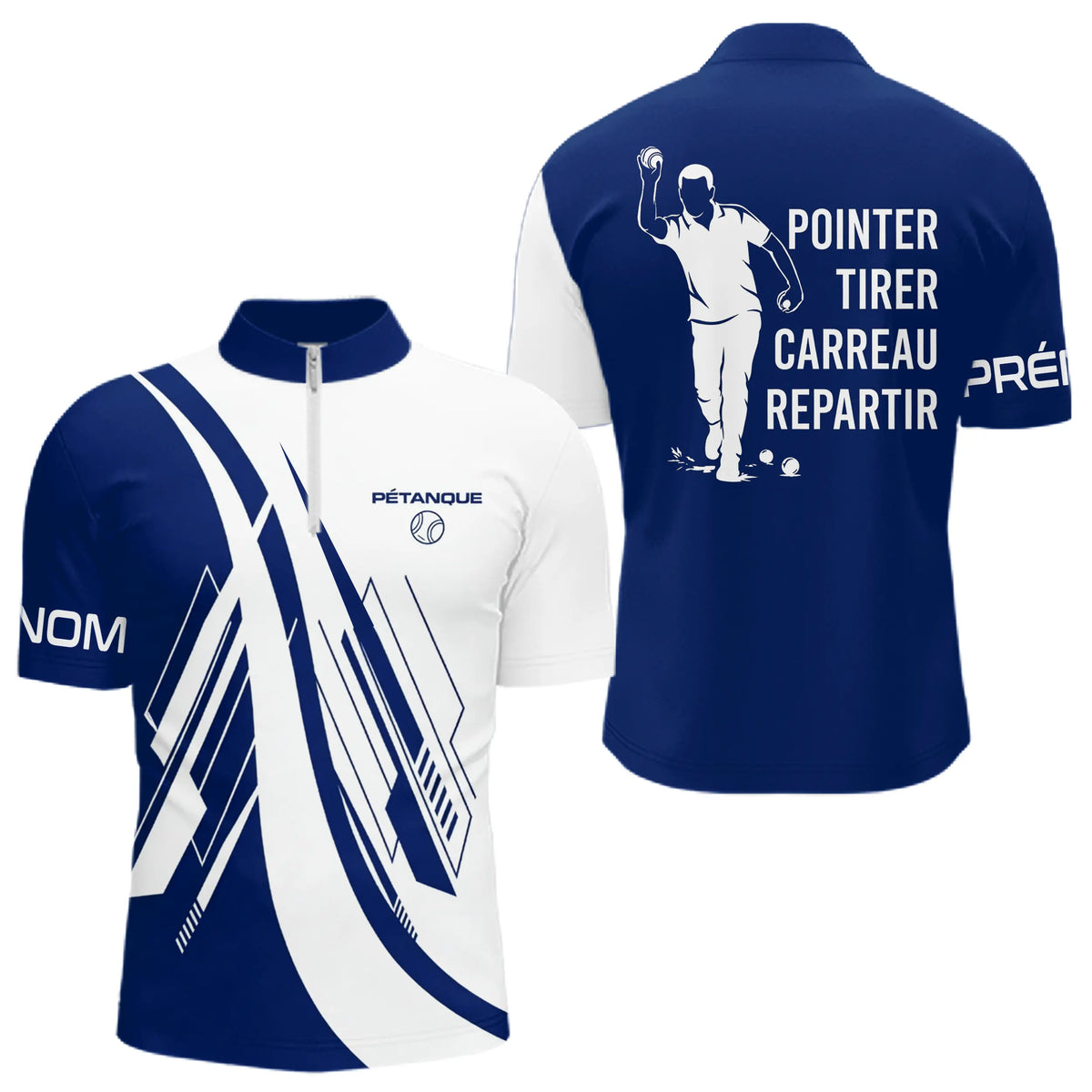 Polo Pétanque Pointer Tirer Carreau - Bleu Blanc & Inscription - Polo Zippé Homme