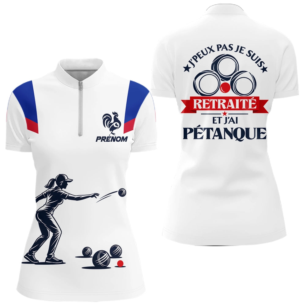 Polo Pétanque Retraite Blanc Tricolore - Homme Femme Personnalisé - Polo Zippé Femme