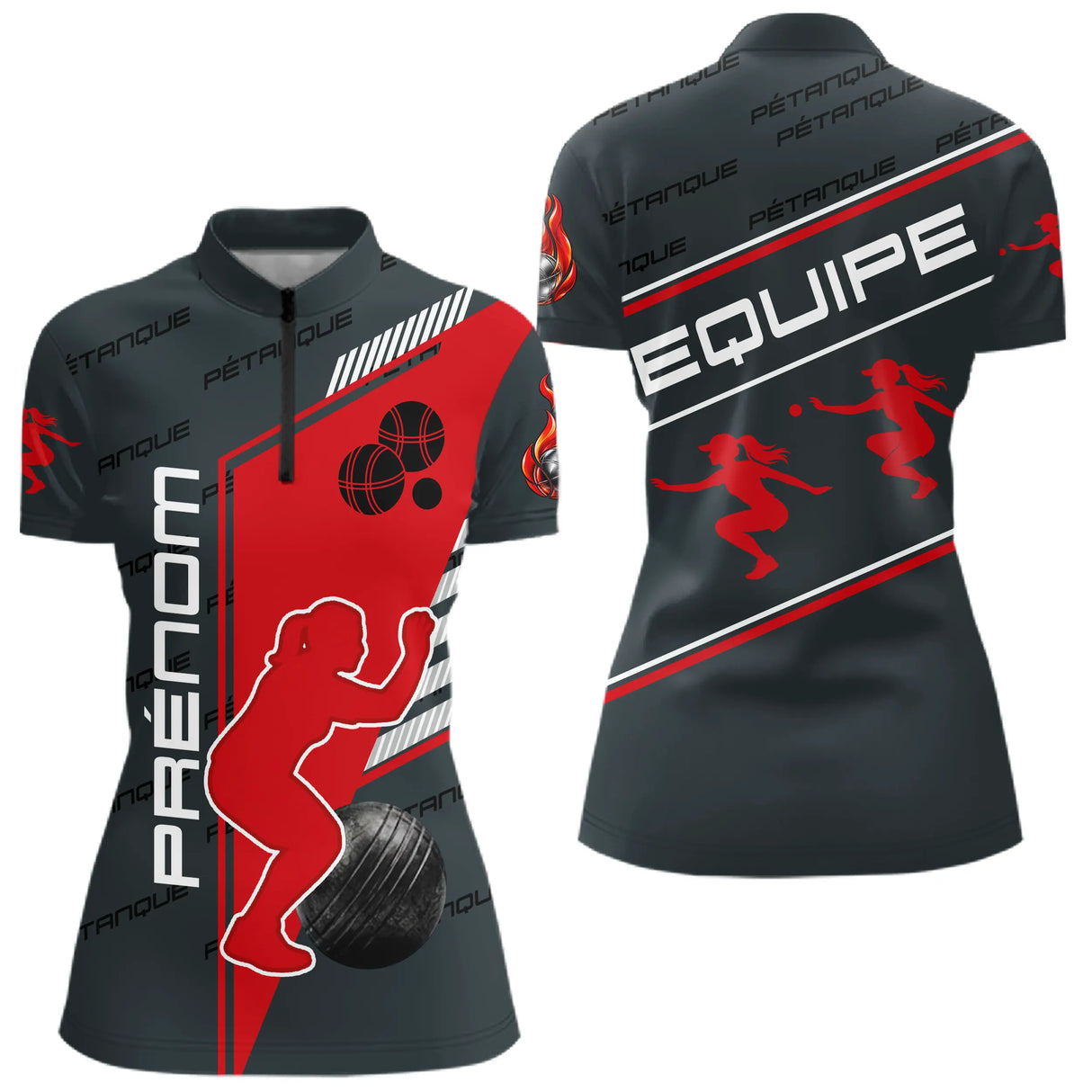 Polo Pétanque Rouge et Noir - Style Équipe Homme Femme - Polo Zippé Femme