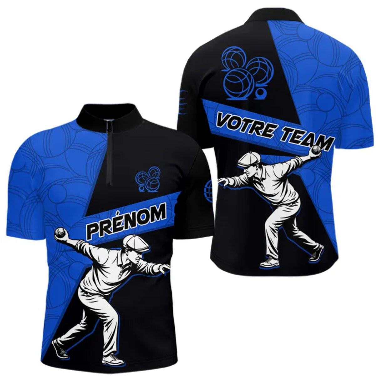 Polo Pétanque Sport Bleu Noir - Joueur Nom & Équipe - Polo Zippé Homme