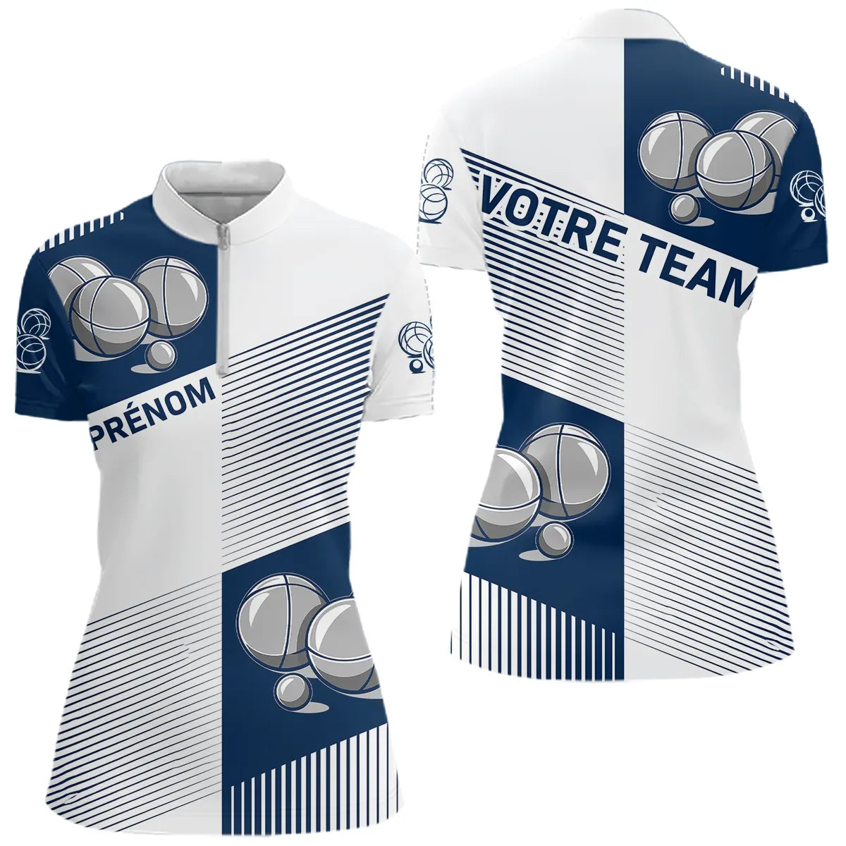 Polo Pétanque Sportif Chic - Bleu Marine Prénom & Équipe - Polo Zippé Femme
