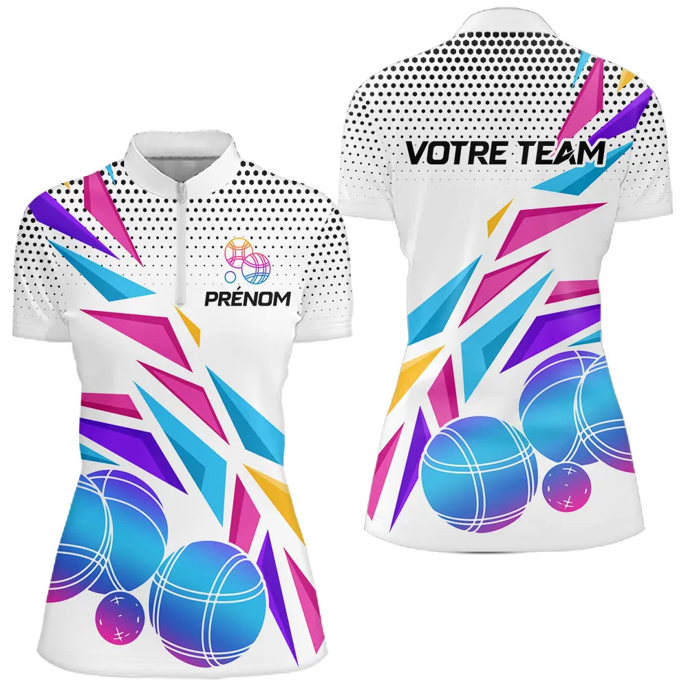 Polo Pétanque Sportif Personnalisé - Blanc & Violet Flash - Polo Zippé Femme