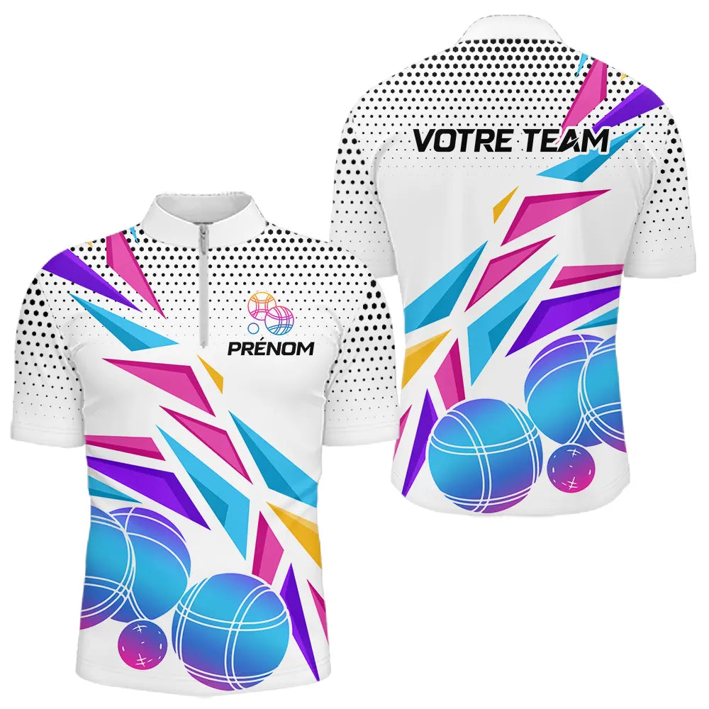 Polo Pétanque Sportif Personnalisé - Blanc & Violet Flash - Polo Zippé Homme