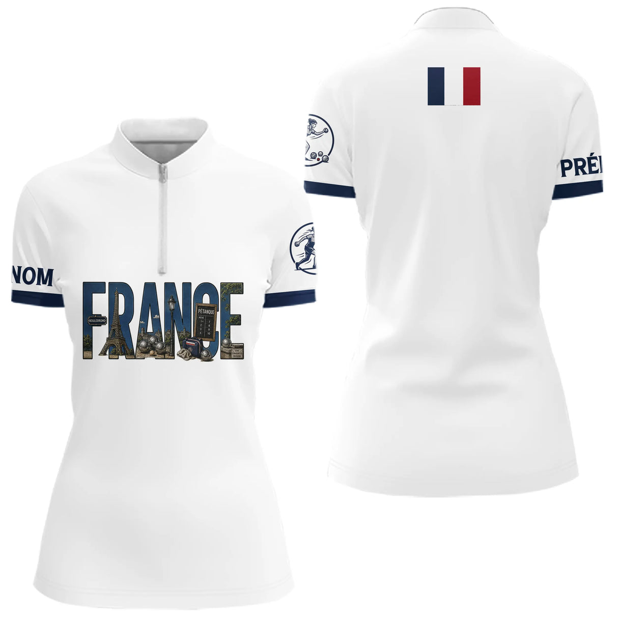 Polo Pétanque Élégant France - Blanc Bleu Personnalisé - Polo Zippé Femme