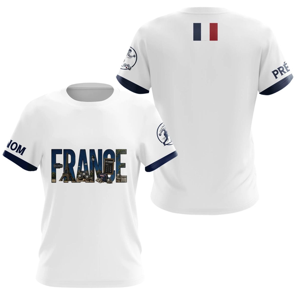 Polo Pétanque Élégant France - Blanc Bleu Personnalisé - T-Shirt Femme
