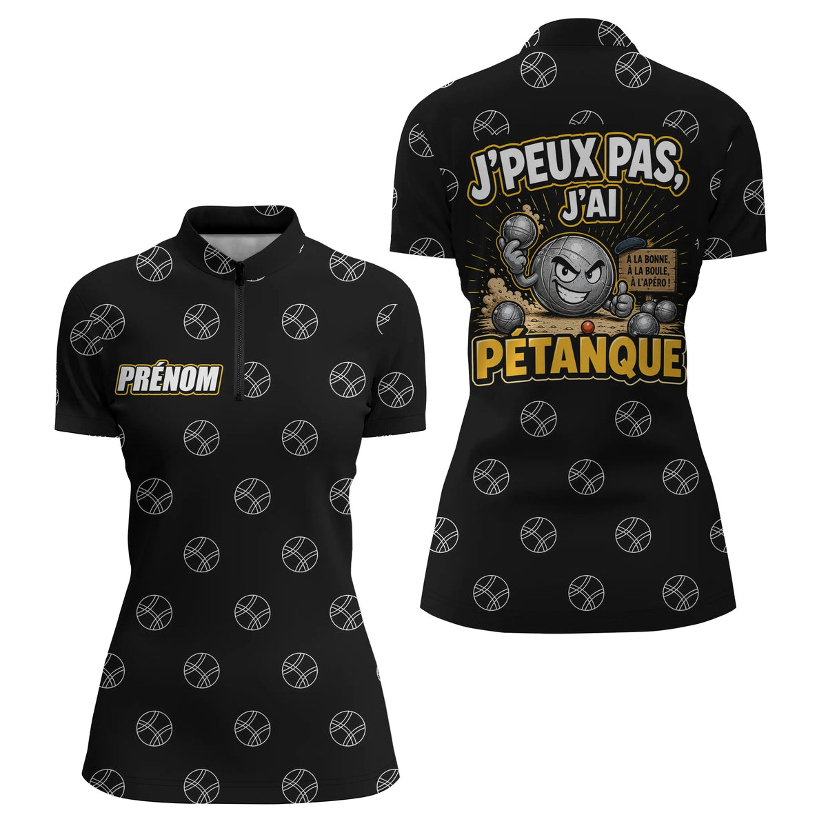 Polo Passion Pétanque Noir Jaune - J'Peux Pas Personnalisable - Polo Zippé Femme