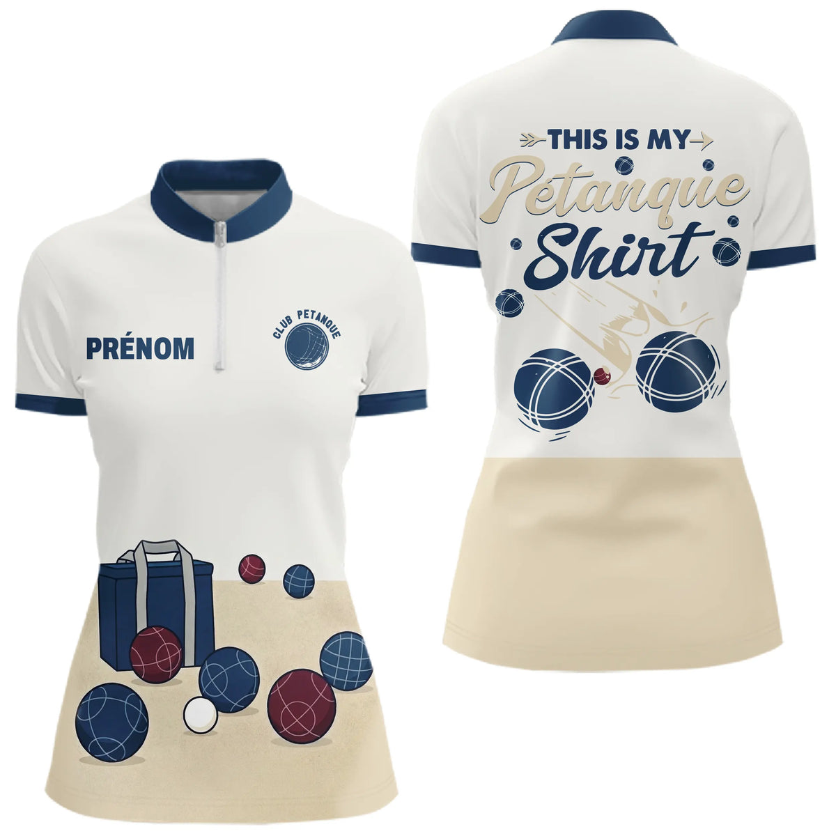 Polo Passion Pétanque Personnalisé - Boules Club Blanc & Marine - Polo Zippé Femme
