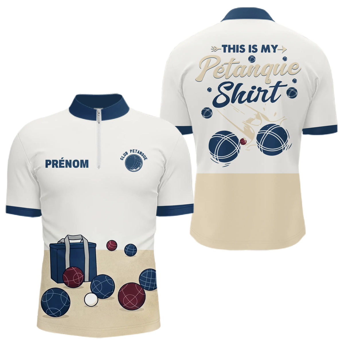 Polo Passion Pétanque Personnalisé - Boules Club Blanc & Marine - Polo Zippé Homme