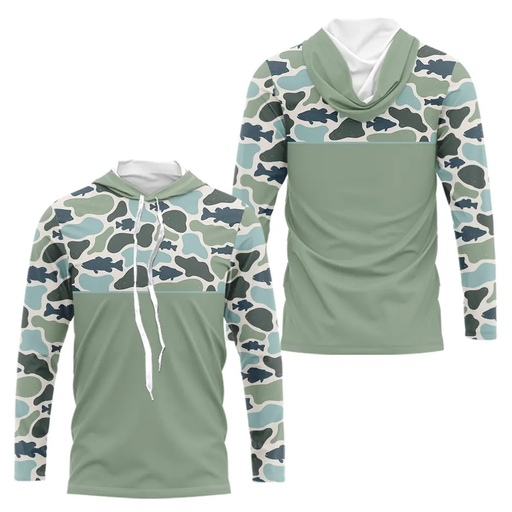 Polo Pecheur Homme Vert Sauge - Motif Camouflage Poisson - Long Sleeves Hoodie Homme