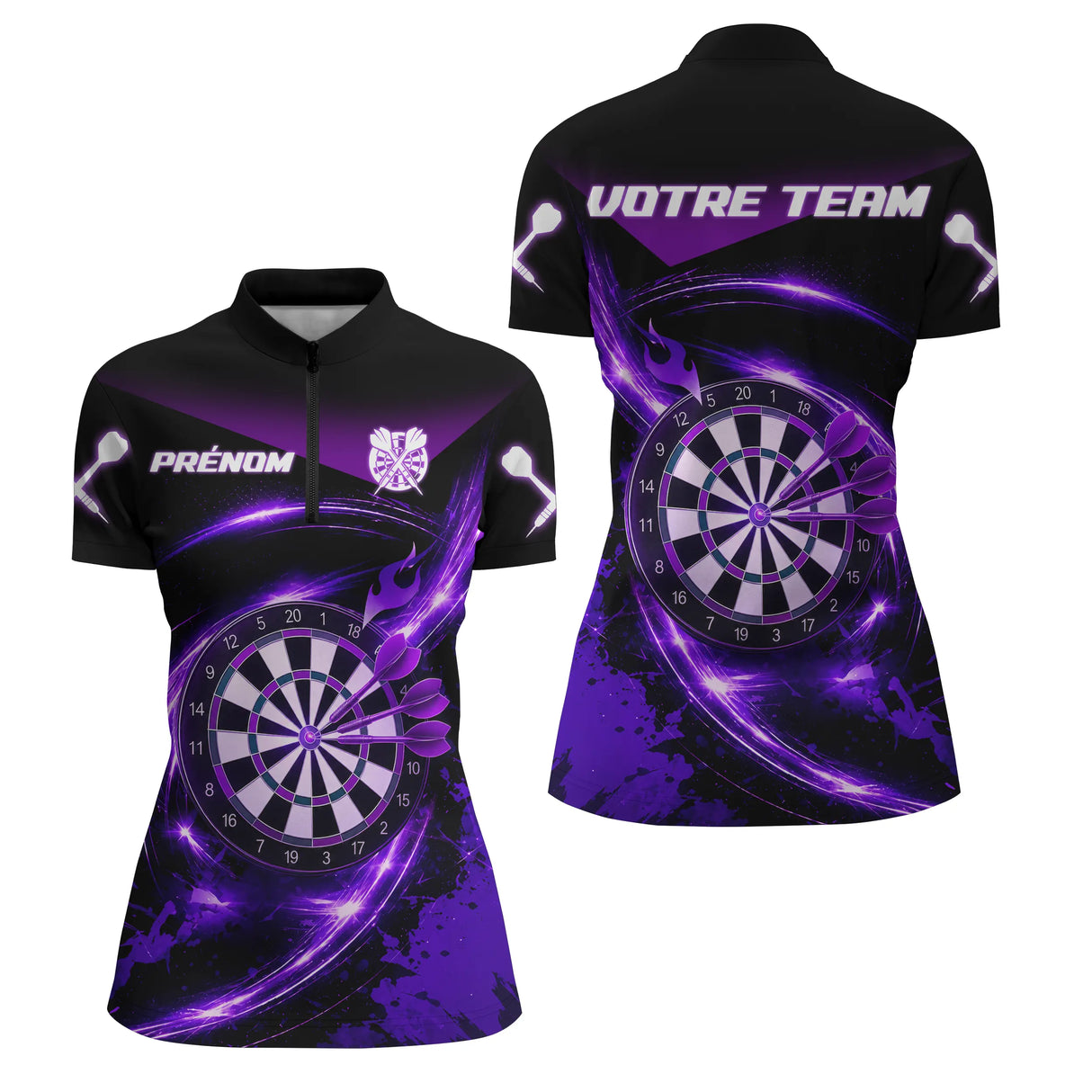 Polo Sport Fléchettes Personnalisé - Noir Violet Performance - Polo Zippé Femme