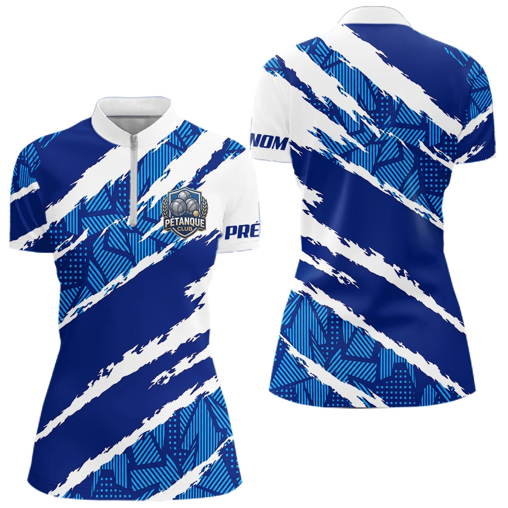 Polo Sport Pétanque Nom et Club - Bleu & Blanc Personnalisable - Polo Zippé Femme