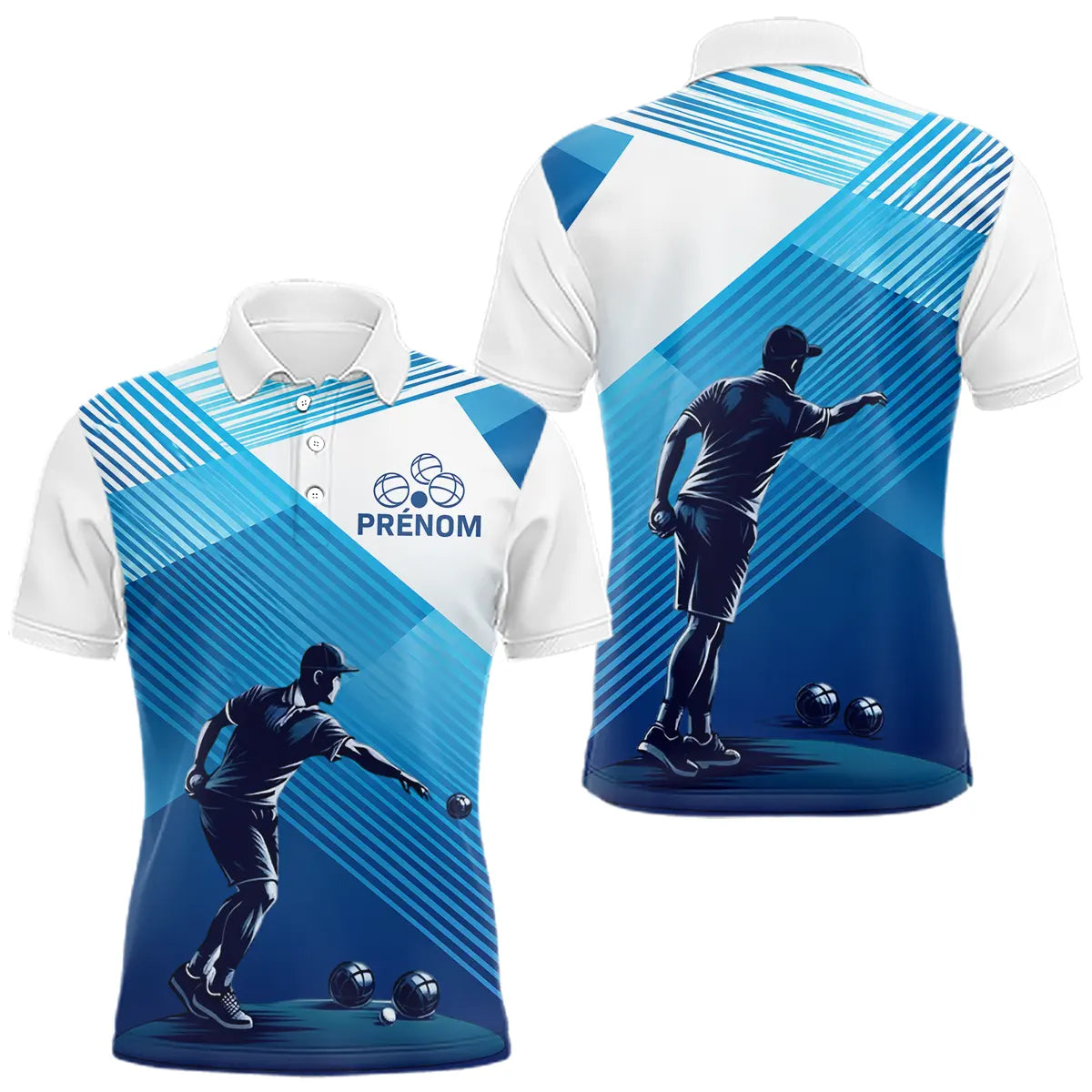 Polo & T-Shirt Pétanque Personnalisé - Design Bleu Rayé Prénom - Polo Homme
