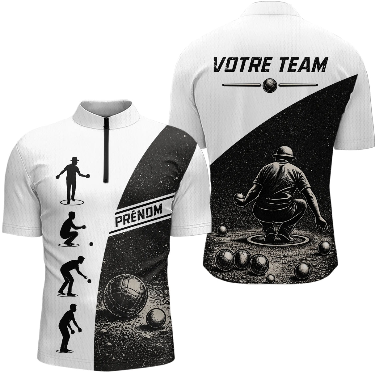 Polo Équipe Pétanque - Noir & Blanc Personnalisé - Polo Zippé Homme
