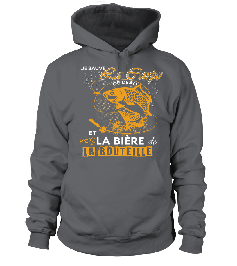 Sweat à capuche gris humour pêche carpe Je sauve la carpe et la bière de la bouteille lettrage doré