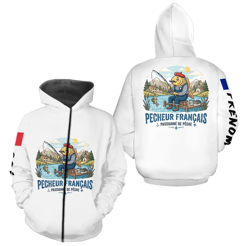 Sweat Blanc Pêcheur Français - Capuche & Design Humour - Hoodie Zippé Homme