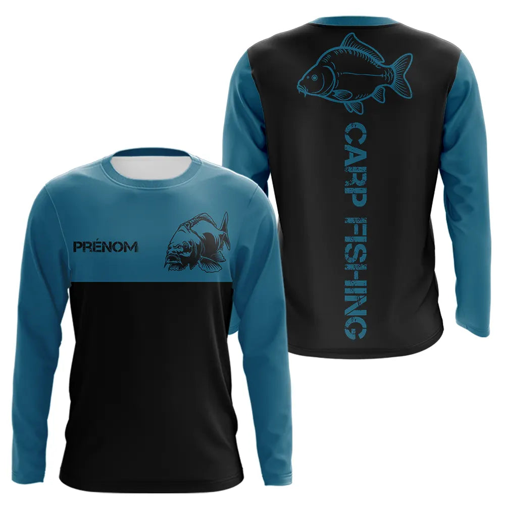 Sweat Capuche Pêche Carpe - Personnalisé Bleu Et Noir - Long Sleeves Homme