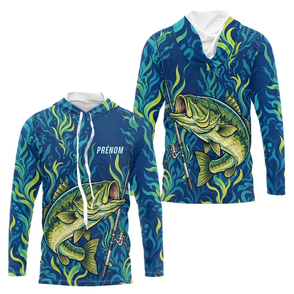 Sweat à Capuche Pêcheur Personnalisé – Black-Bass Bleues Homme - Long Sleeves Hoodie Homme