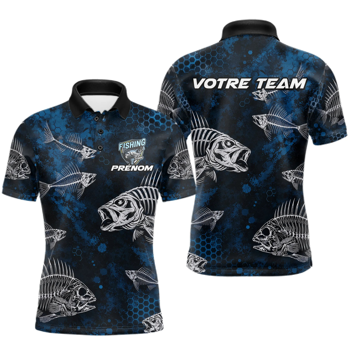 Sweat à Capuche Pêcheur Squelette Poisson - Personnalisé Bleu - Polo Homme