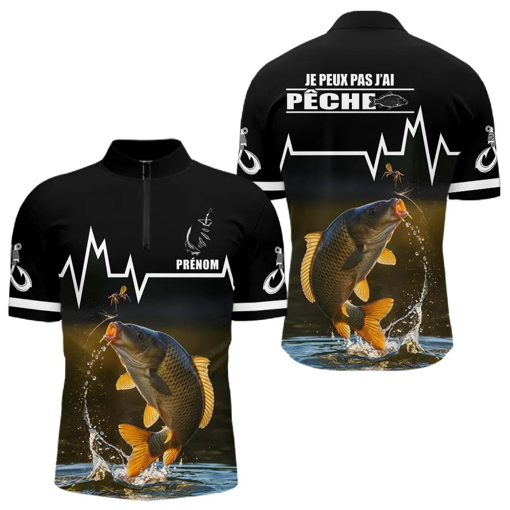 Sweat Noir Pêche Carpe Personnalisé - Style Heart Beat - Polo Zippé Homme