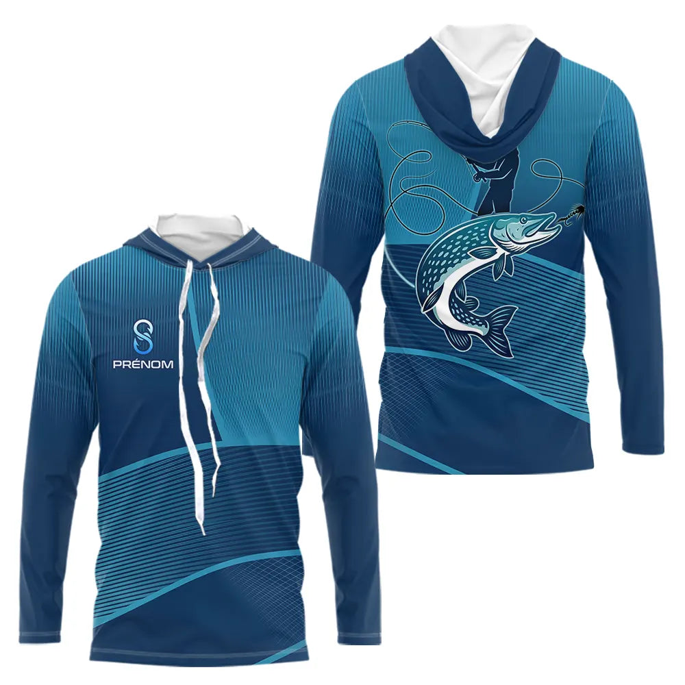 T-Shirt Cadeau Pêcheur Brochet Personnalisé Bleu - Anti UV - Long Sleeves Hoodie Homme