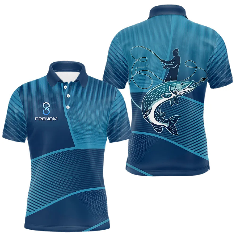 T-Shirt Cadeau Pêcheur Brochet Personnalisé Bleu - Anti UV - Polo Homme