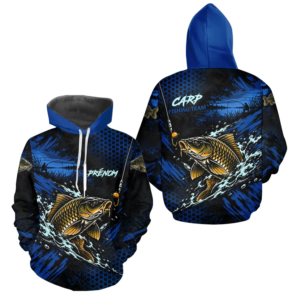 T-Shirt Pêche Carpe All-Over - Bleu & Noir Personnalisé Prénom - Hoodie Homme