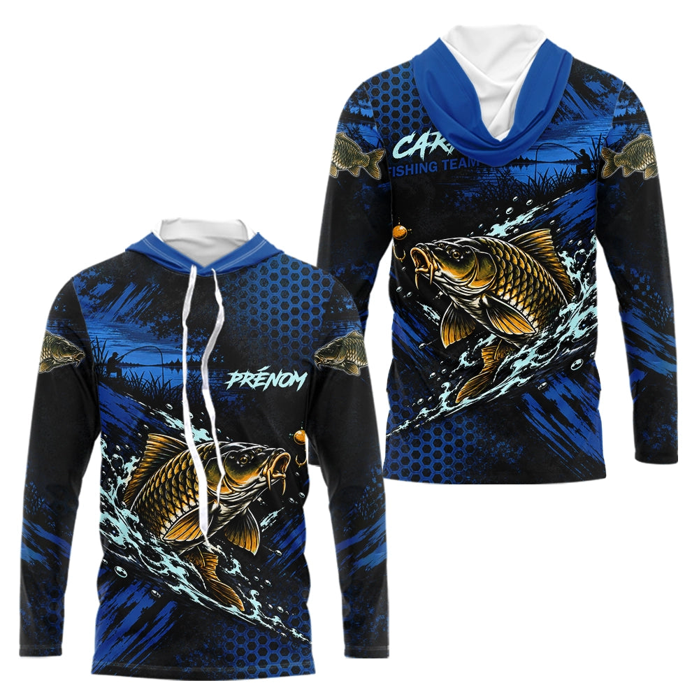 T-Shirt Pêche Carpe All-Over - Bleu & Noir Personnalisé Prénom - Long Sleeves Hoodie Homme