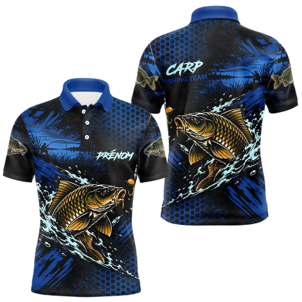 T-Shirt Pêche Carpe All-Over - Bleu & Noir Personnalisé Prénom - Polo Homme