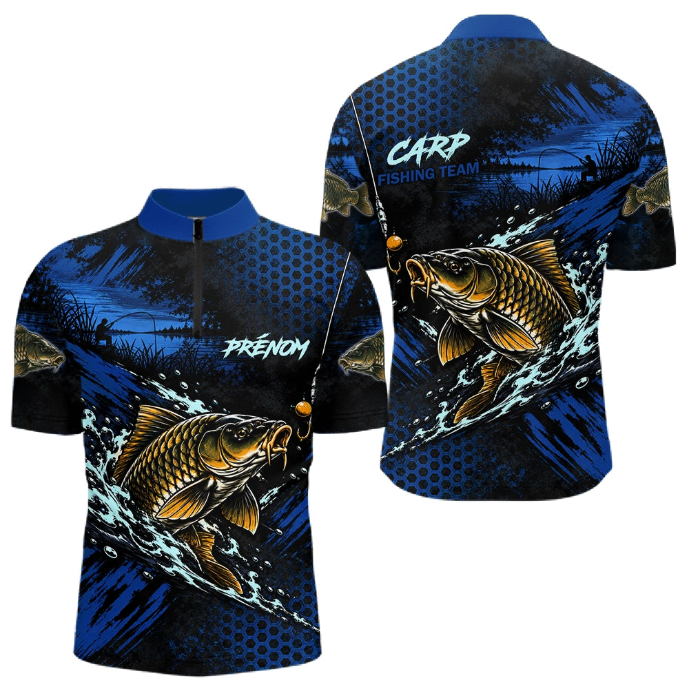 T-Shirt Pêche Carpe All-Over - Bleu & Noir Personnalisé Prénom - Polo Zippé Homme