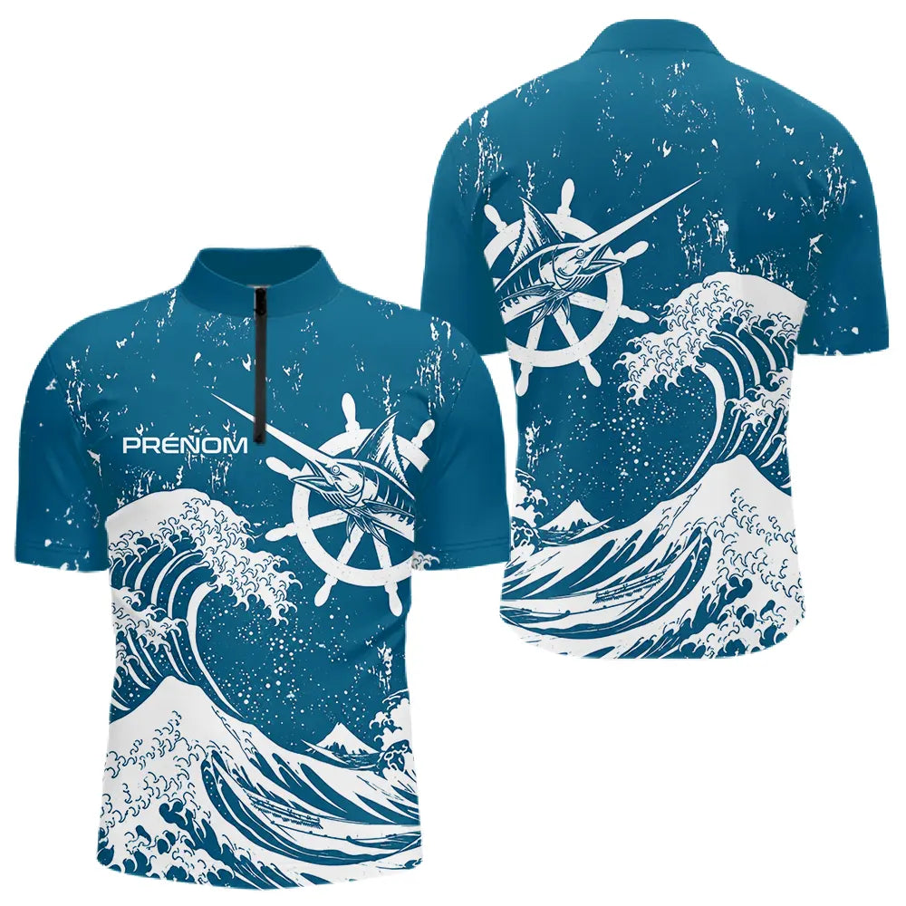 T-Shirt Pêcheur Espadon Bleu & Vagues - Design Ocean Marine - Polo Zippé Homme