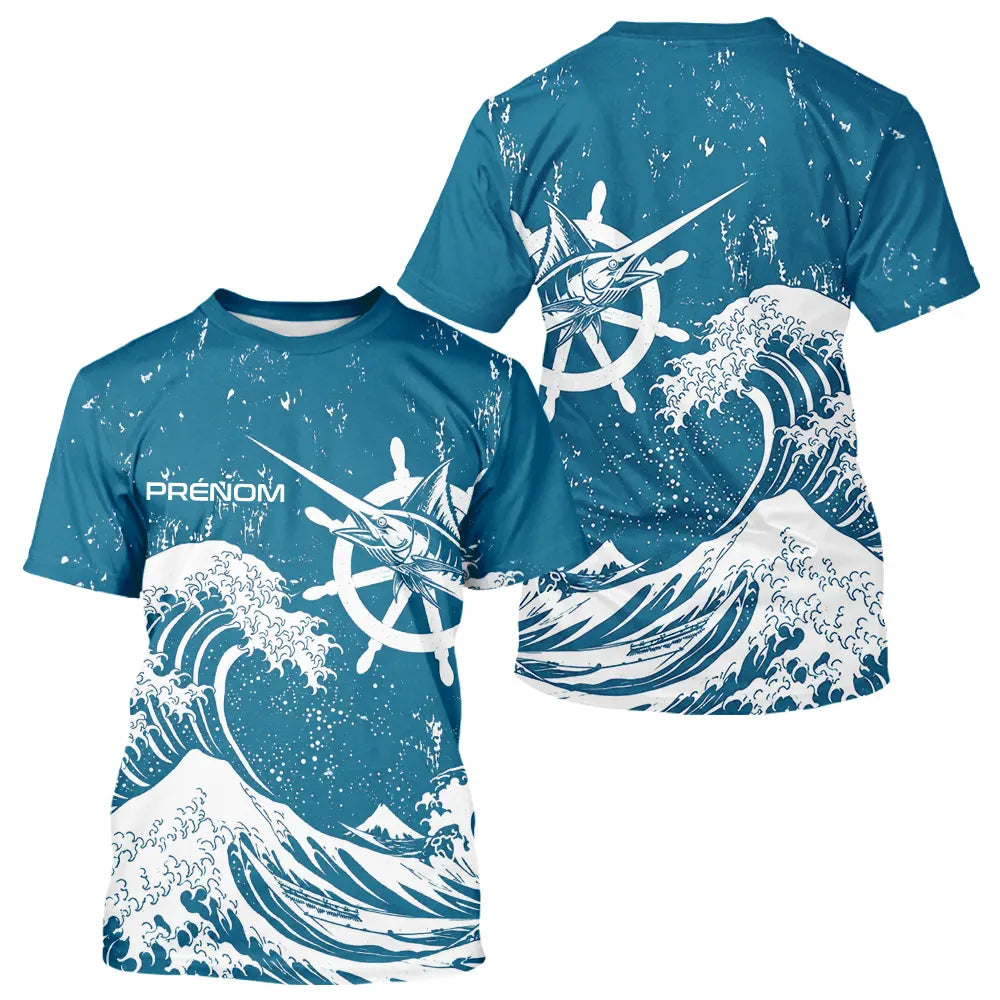 T-Shirt Pêcheur Espadon Bleu & Vagues - Design Ocean Marine - T-Shirt Homme