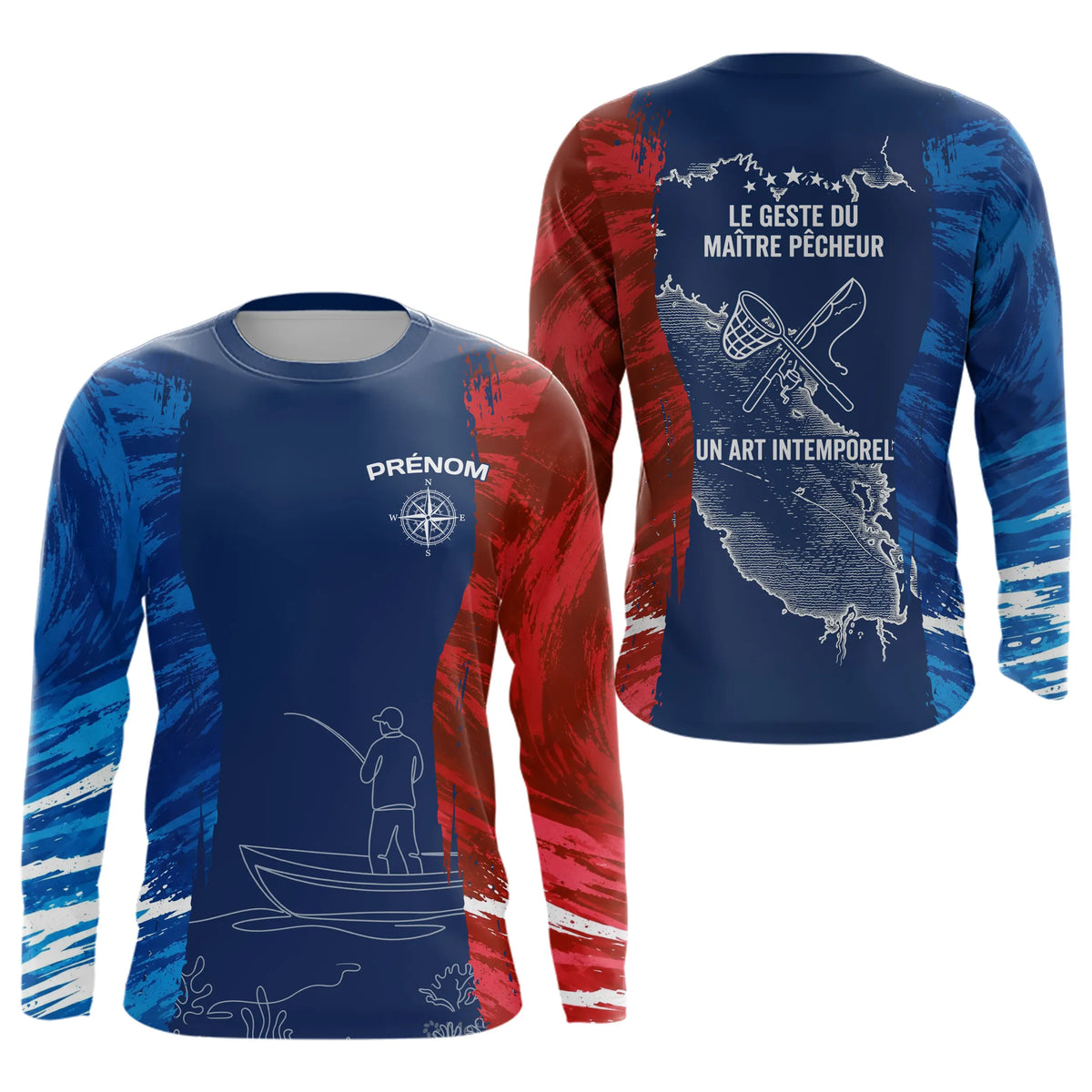 T-Shirt Pêcheur France Personnalisable - Style Bleu Rouge - Long Sleeves Homme