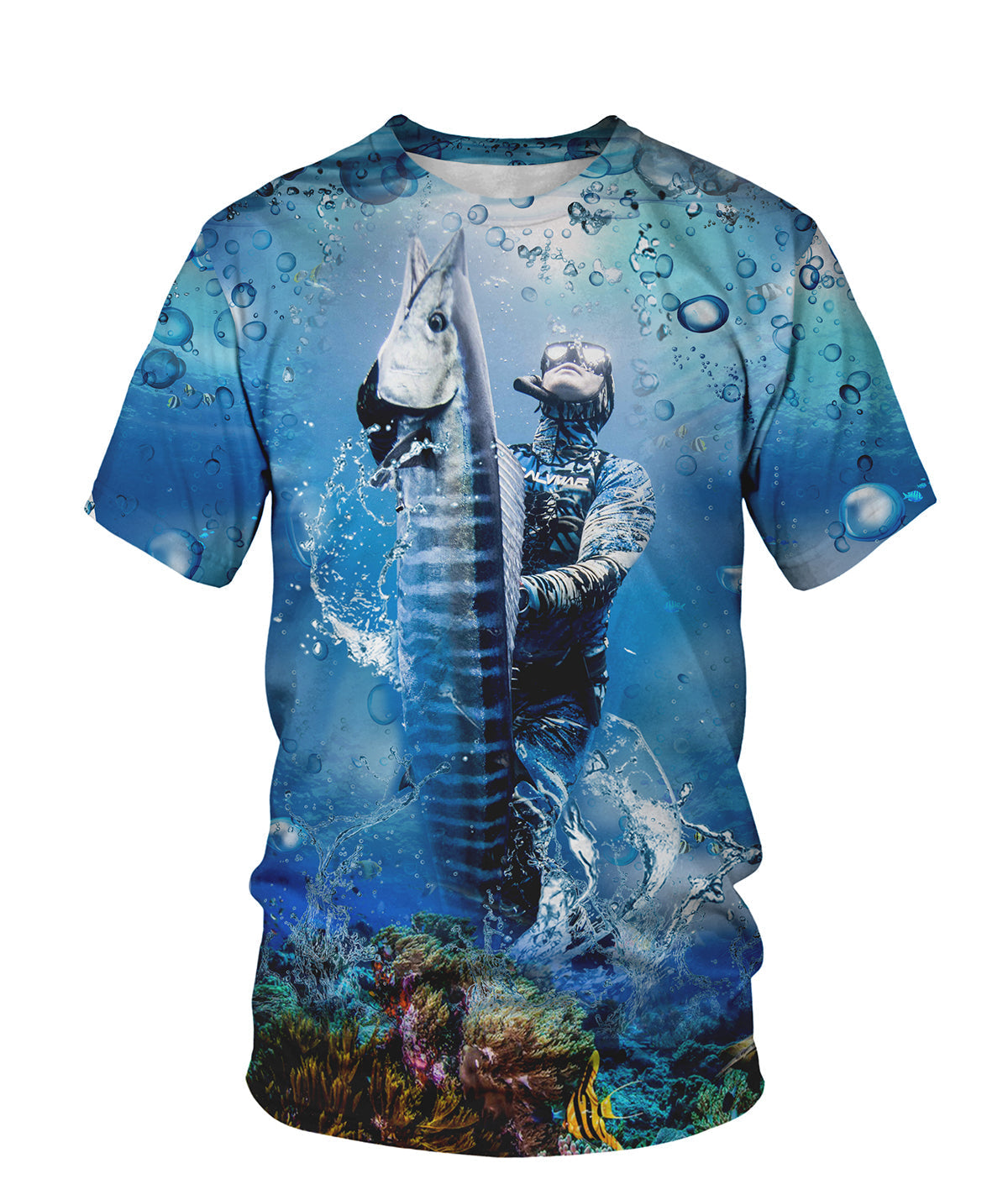 T-shirt all-over unisexe avec plongeur sous-marin capturant gros thon et fond marin coloré
