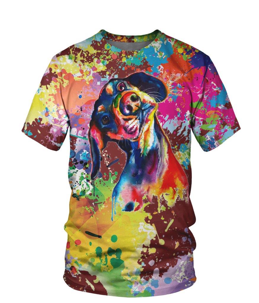 T-shirt all-over 3D unisexe avec chien en aquarelle multicolore et éclaboussures de peinture