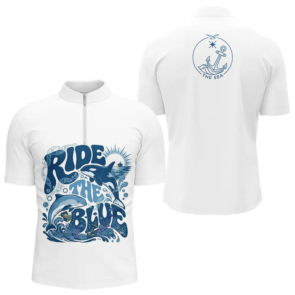 T-shirt Pêche Blanc Longues Manches - Ride The Blue - Polo Zippé Homme
