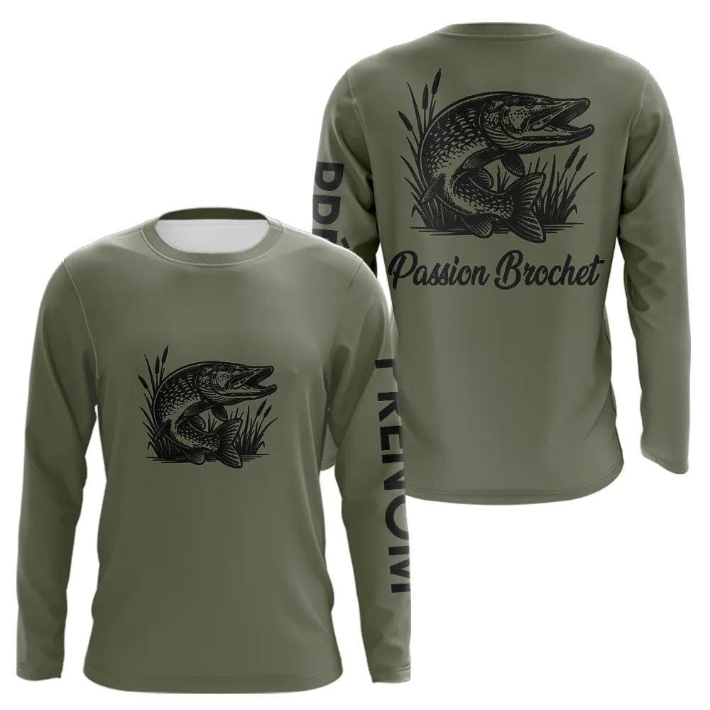 T-shirt Pêche Passion Brochet - Vert Khaki Personnalisé - Long Sleeves Homme
