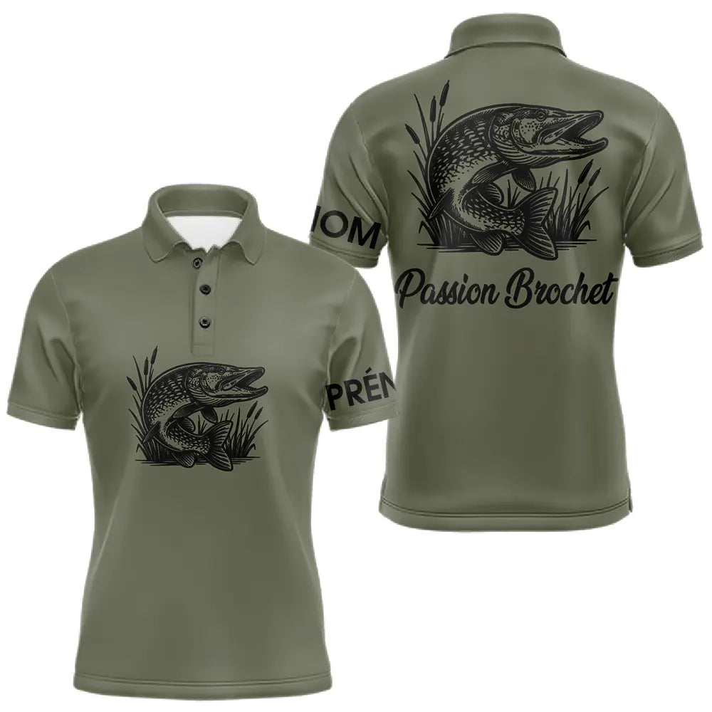 T-shirt Pêche Passion Brochet - Vert Khaki Personnalisé - Polo Homme