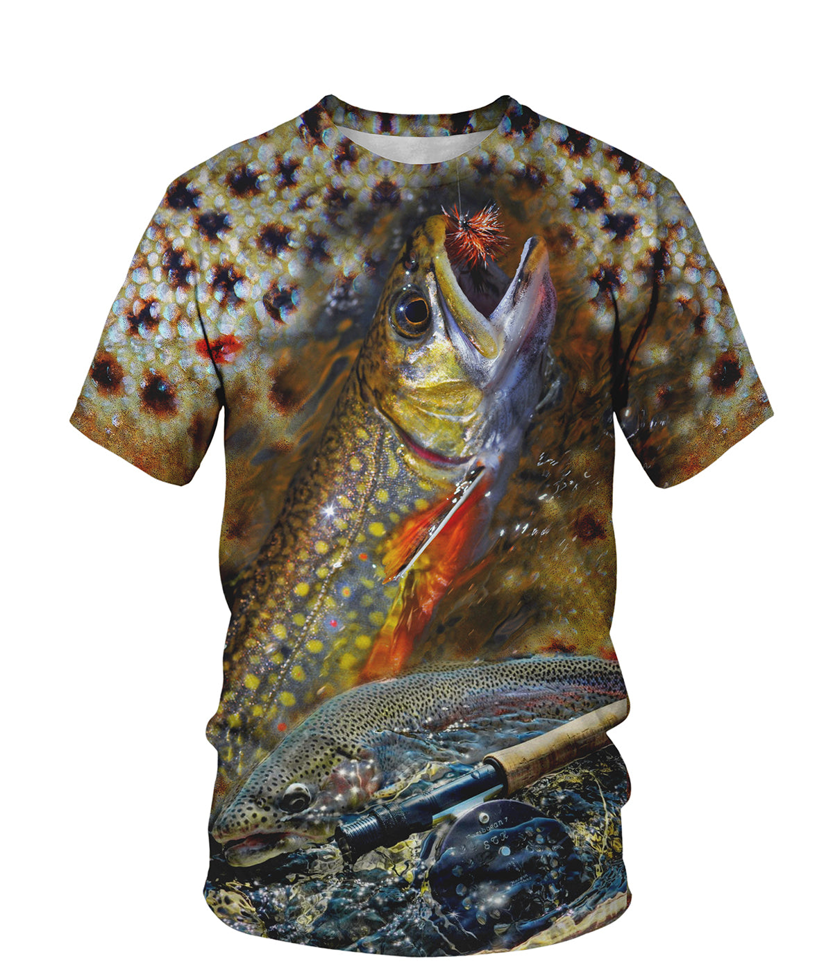 T-shirt all-over peau de truite arc-en-ciel écailles roses dorées tachetées mouches artificielles, vue de face