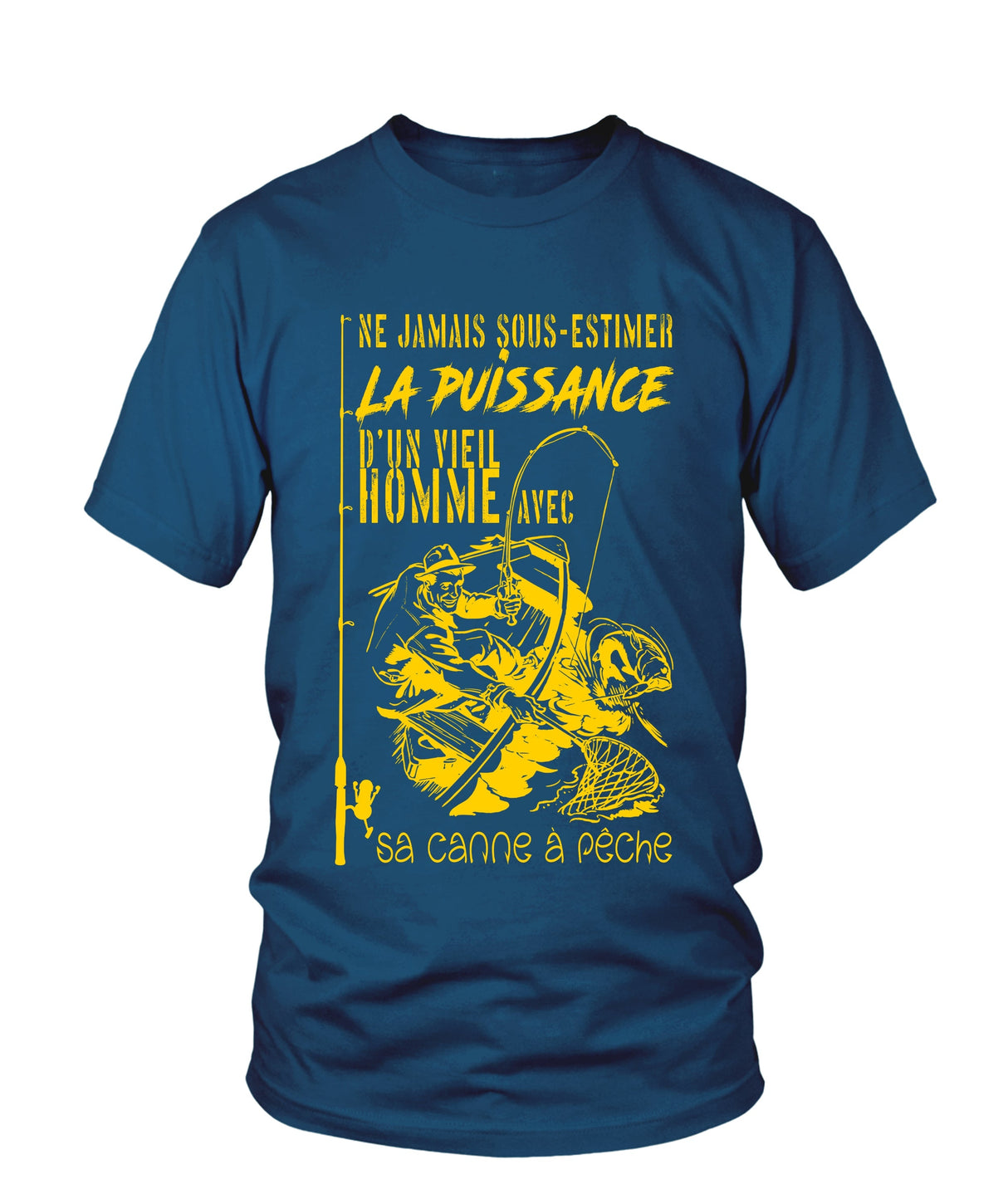 Sweater humour vieil pêcheur lettrage jaune silhouette pêcheur senior fond noir