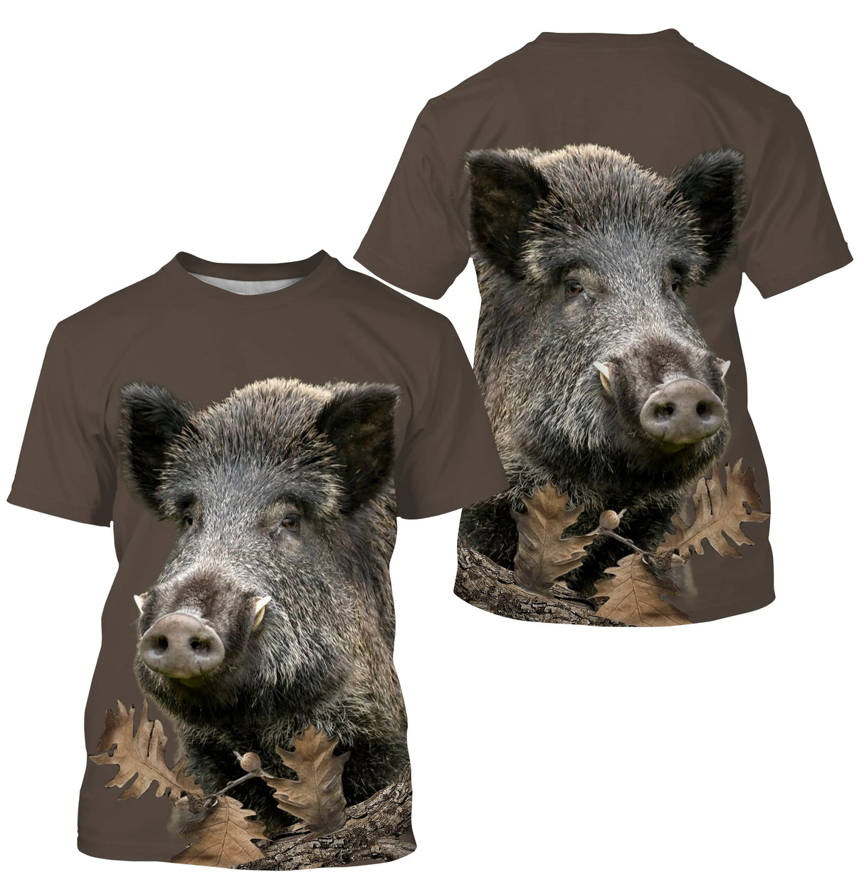Tee-shirt chasse sanglier all-over marron motif réaliste deux têtes sangliers vue avant